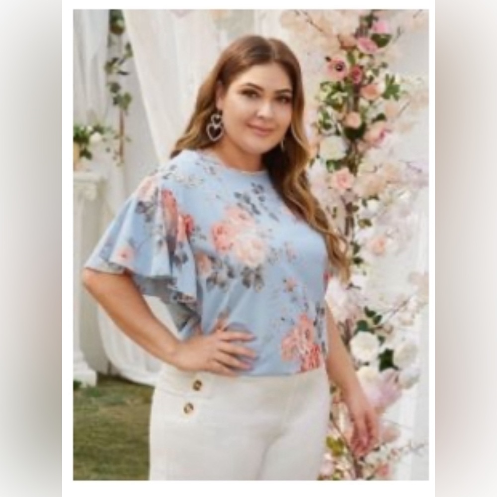 2xl light blue with pink floral print butterfly sleeve blouse